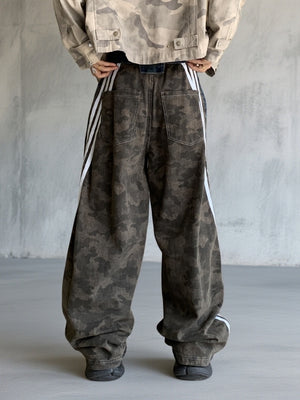 Patchwork Vertical Stripes Camouflage Washed Machete Jeans