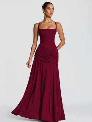 Pleated Waist-cinching And Backless Fish Tail Low-cut Halter Top Maxi Dresses
