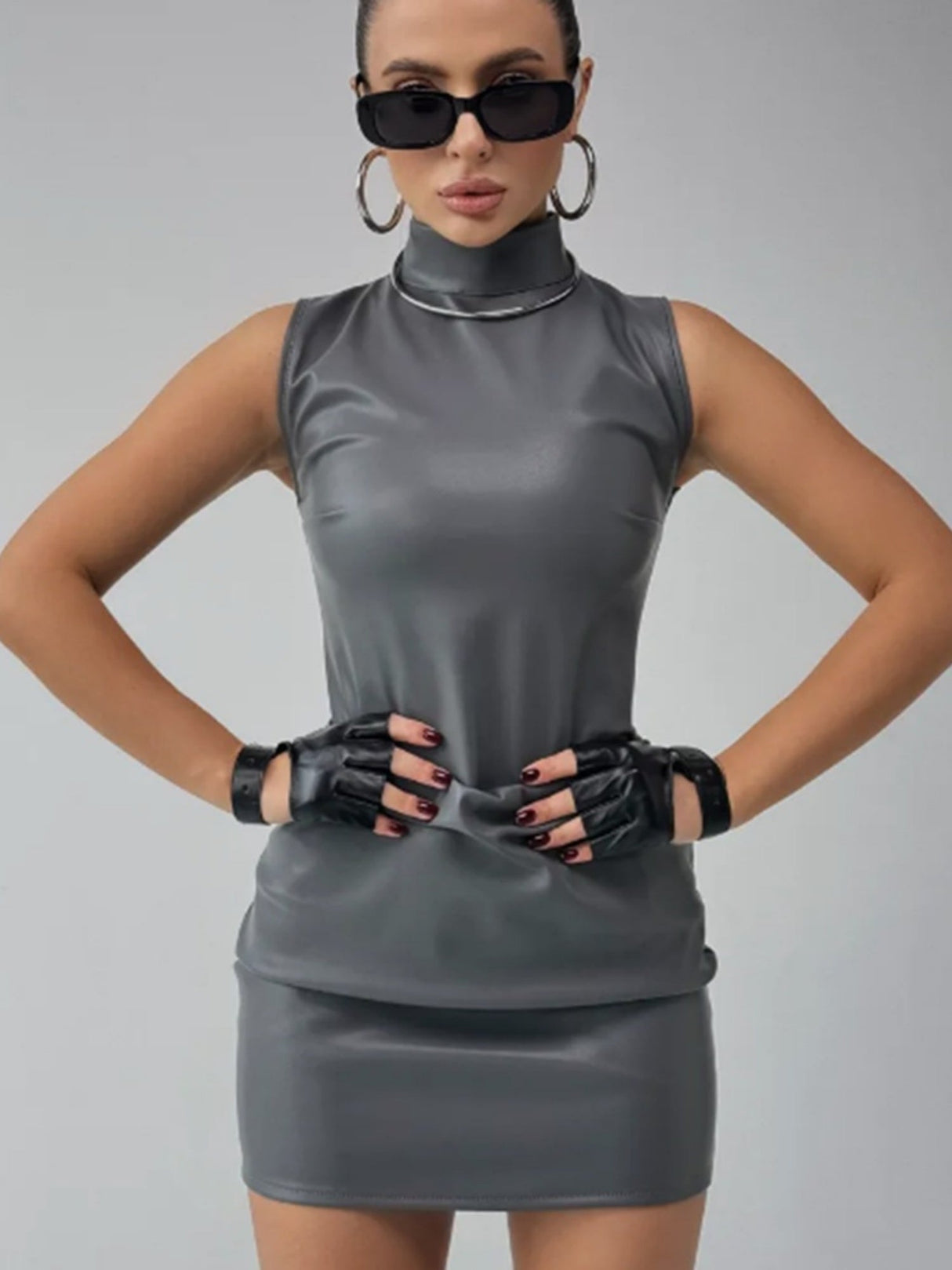 PU Leather Mock Neck Pleated Mini&Short Dresses