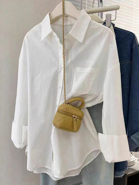 Asian Korean Style New Loose-fitting Summer Long-sleeved Pocket Shirt
