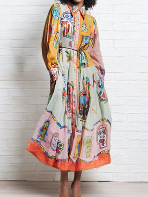 Robes maxi bohèmes à imprimé floral, col polo et manches lanternes