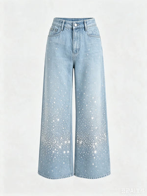 Women's Light-colored Washed Denim Wide-leg Jeans With Shimmering Details For Autumn And Winter