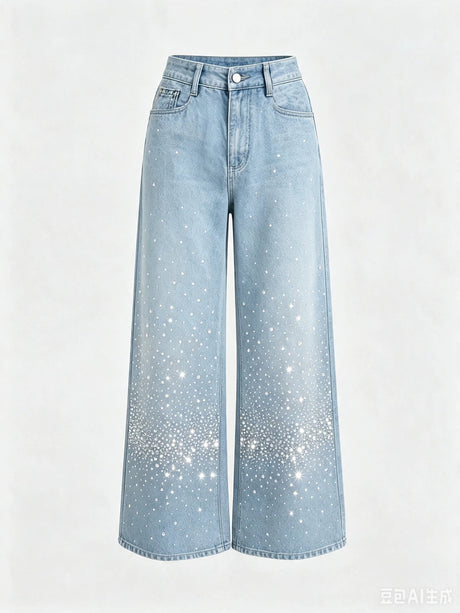 Women's Light-colored Washed Denim Wide-leg Jeans With Shimmering Details For Autumn And Winter