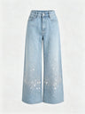 Women's Light-colored Washed Denim Wide-leg Jeans With Shimmering Details For Autumn And Winter