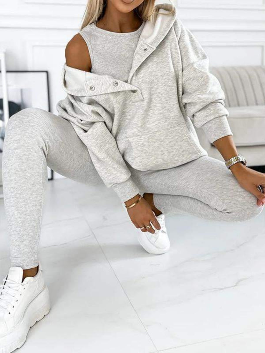 Sporty Casual Hoodie Sweatshirt, Ribbed Slim Fit Vest And Pants Three-piece Set
