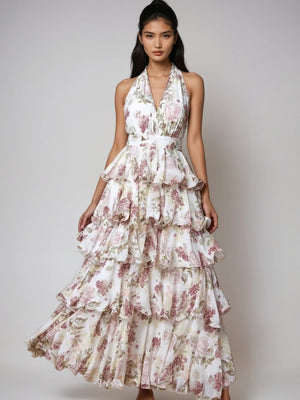 V-neck Spaghetti Strap Multi-layered Floral Print Long Dress