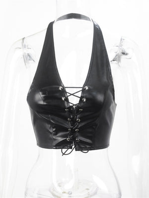 PU Leather Straps Halter Neck And Backless Tank Tops