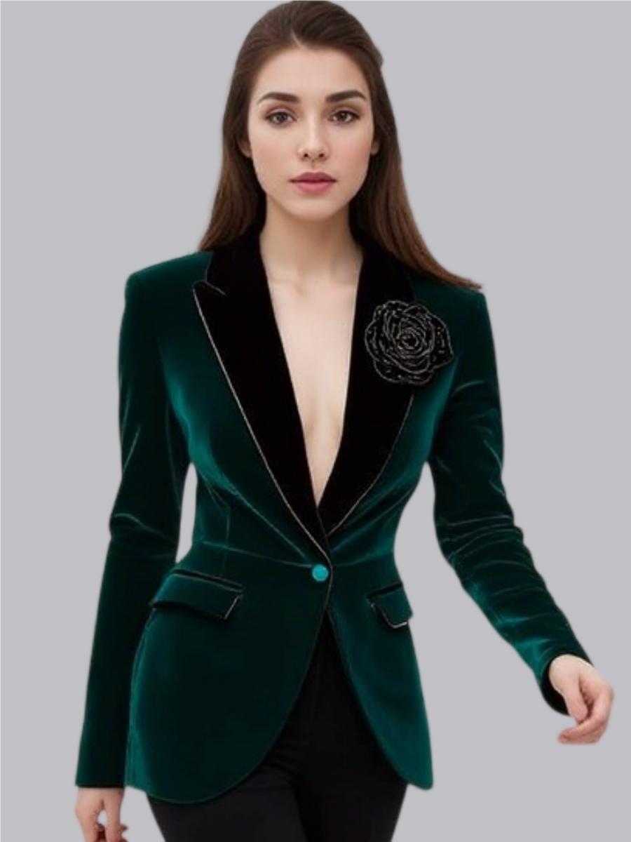 Velvet 3D Flower Brooch Thickened Long Sleeve Single Buckle Grace Profession Blazers