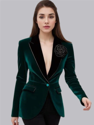 Velvet 3D Flower Brooch Thickened Long Sleeve Single Buckle Grace Profession Blazers