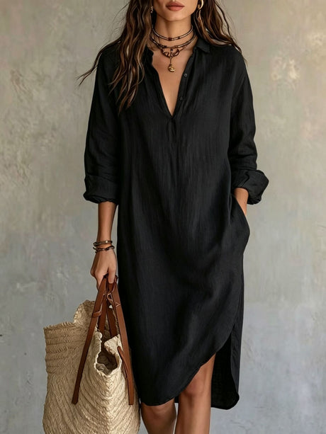 Loose-fitting Mid-length French Linen Shirt Dress With Slits