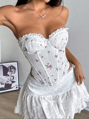 Sweet Floral Lace Trim Fish Bones Tube Top Camisoles