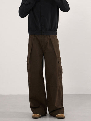 Retro Vintage Multiple Pockets Splicing Pleated Wide-leg Cargo Trousers