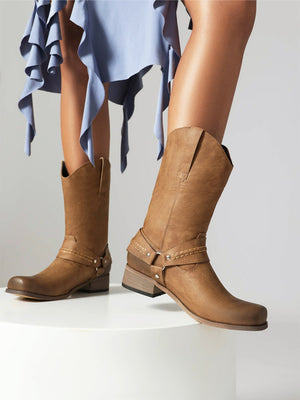 Distressed Low-heeled Western Cowboy Boots