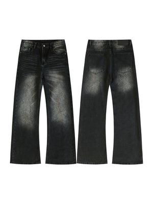 Retro Washing Cat Whisker Pattern Loose Slightly Flared Jeans