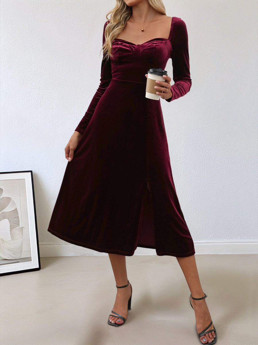 Long-sleeved Square Neckline Burgundy Velvet Slit Formal Dinner Cocktail Party Christmas Midi Dress