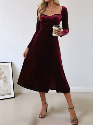 Long-sleeved Square Neckline Burgundy Velvet Slit Formal Dinner Cocktail Party Christmas Midi Dress