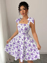 Waist V-neck Bandage Camisoles Printed Vacation And Leisure Mini&Short Dresses