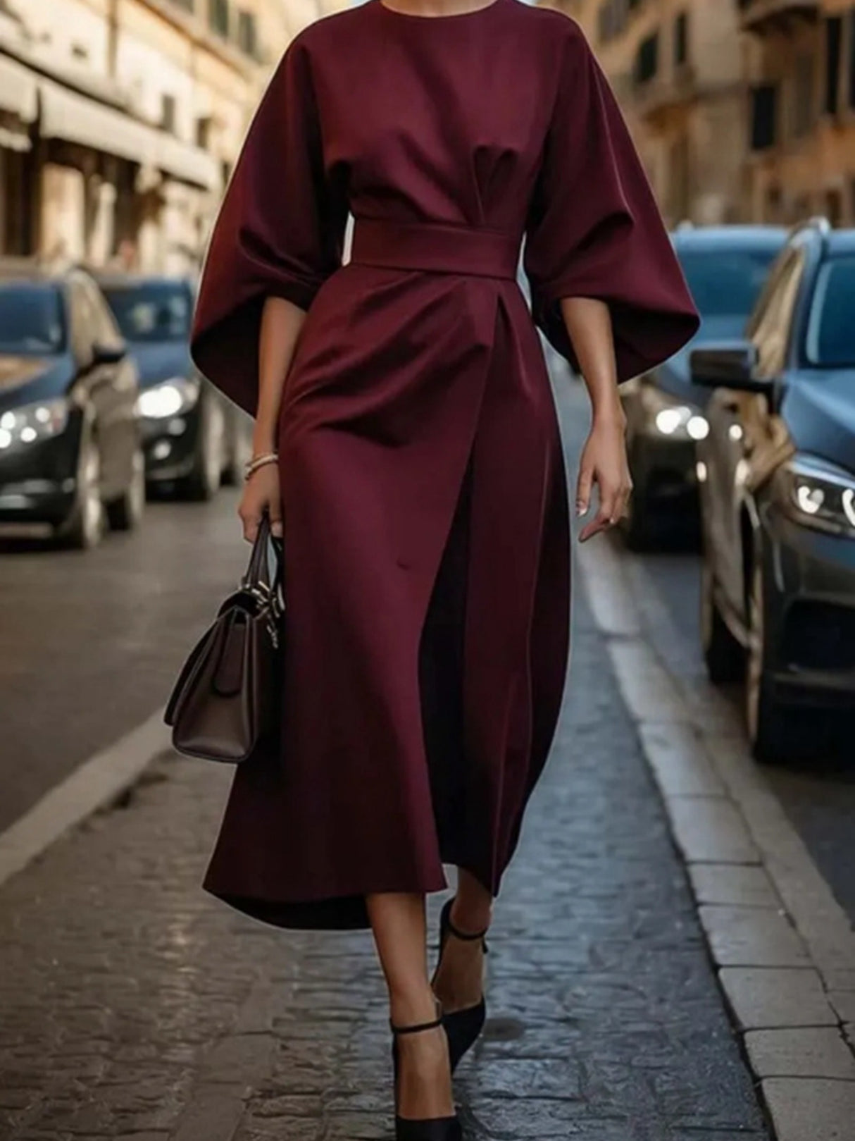 Batwing Sleeves Round Neck Tie High-waisted And Slimming Maxi Dresses