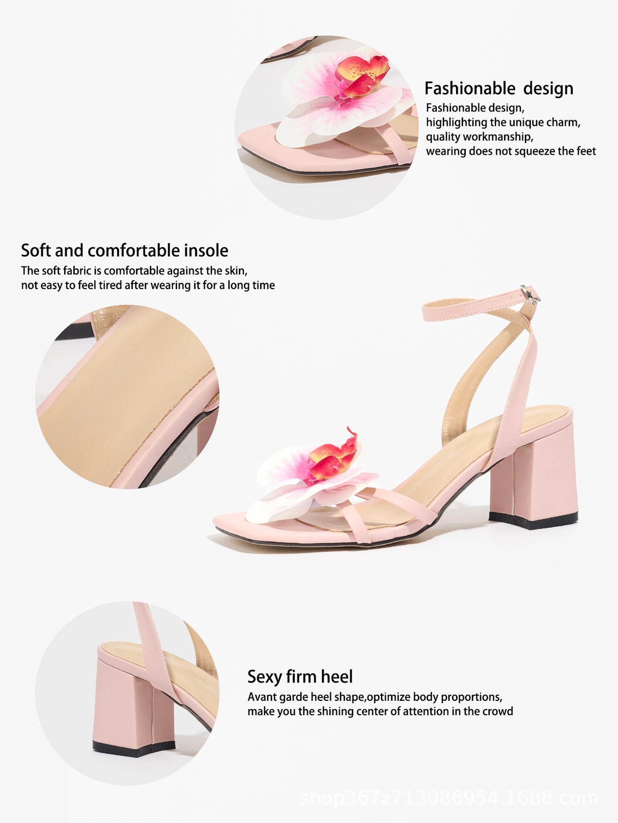 Three-dimensional Floral Square-toe Elegant Light Pink High-heeled Sandals