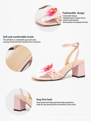 Three-dimensional Floral Square-toe Elegant Light Pink High-heeled Sandals