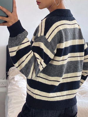 Casual Preppy Style Loose Striped Color-blocked Collar Half-open Knit Sweater