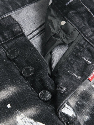 Punk Black Ripped Patch Paint Slim Mid-rise Straight-leg Jeans
