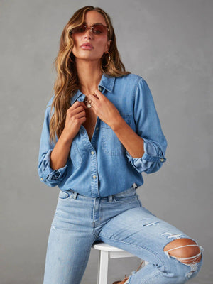 Lapel Single-breasted Long Sleeves Denim Shirt