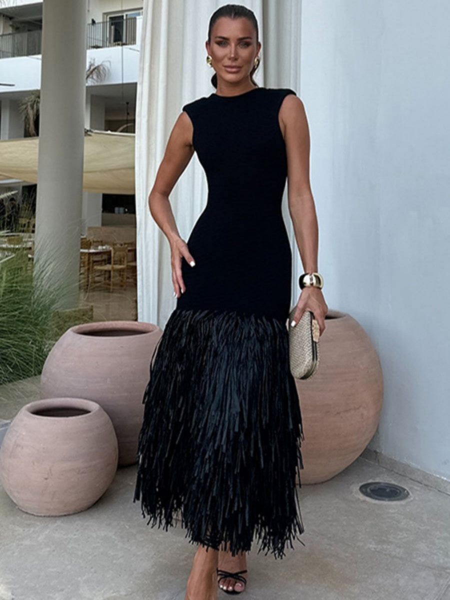 Robes maxi en tricot à pompons et patchwork de raphia uni