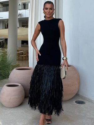 Robes maxi en tricot à pompons et patchwork de raphia uni