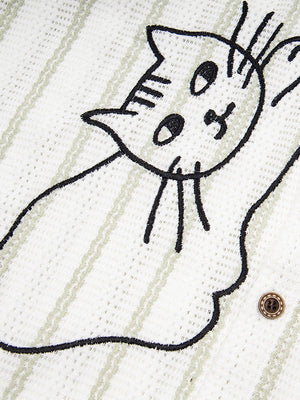 Cartoon Kitten Embroidery Vertical Stripe Loose-fit Vibe Breathable Shirts