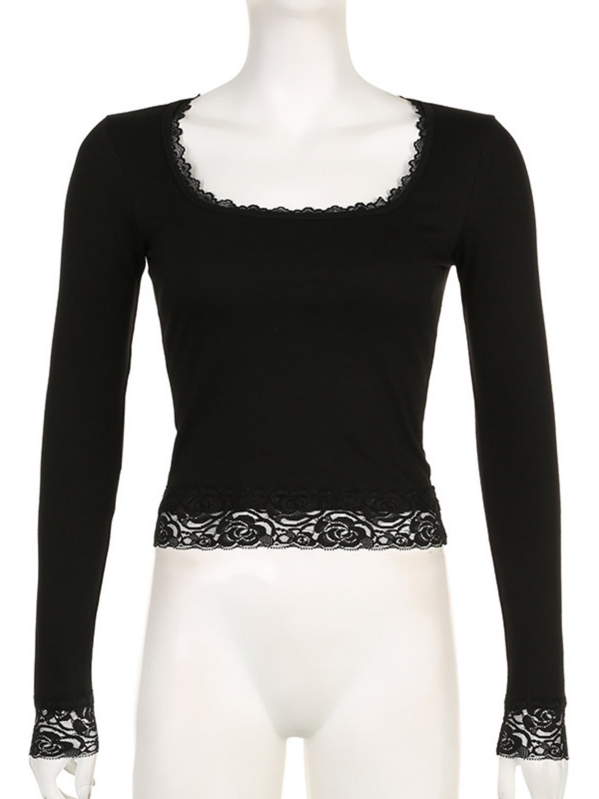 Lace Trim U-neck Long Sleeve Slimming Crop Top