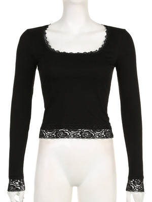 Lace Trim U-neck Long Sleeve Slimming Crop Top