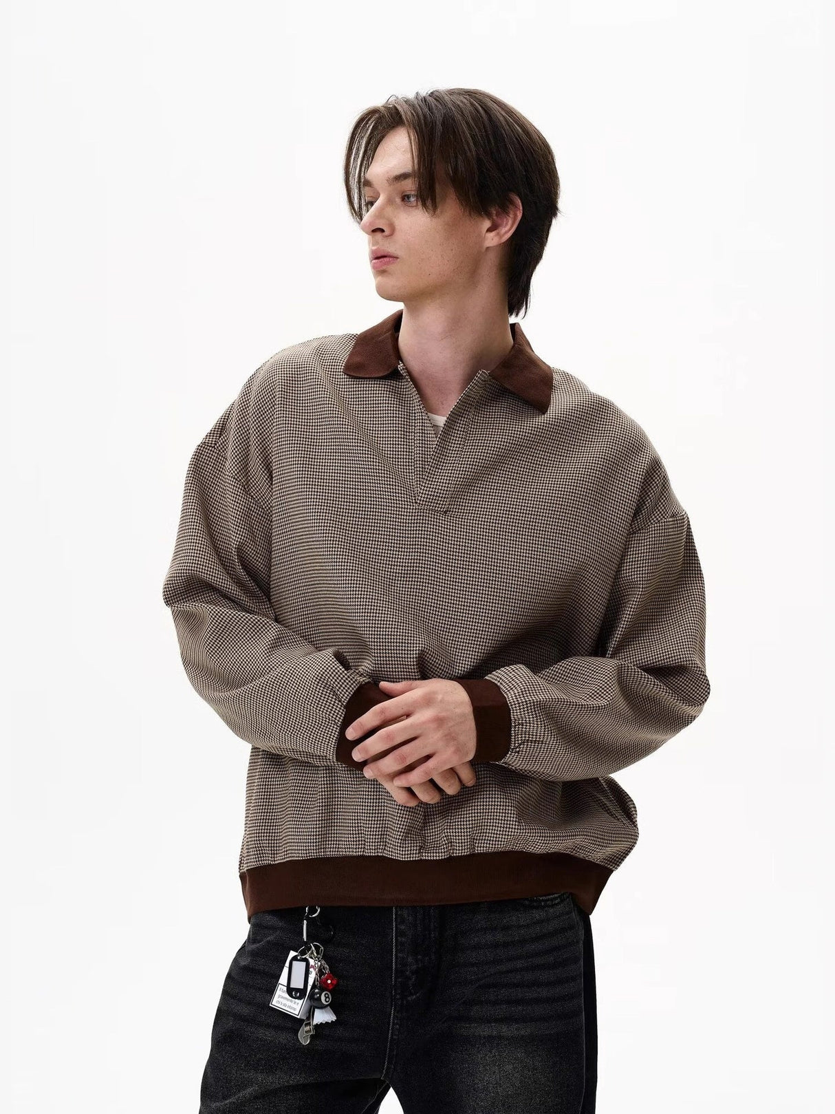 Plaid Color-blocked Collar Lapel Sweatshirts