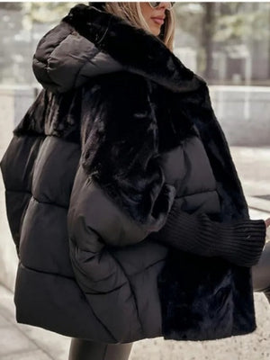 Loose-fitting Faux Fur Hoodie Quilting Knitted Cuff Cotton Jacket/down Jacket
