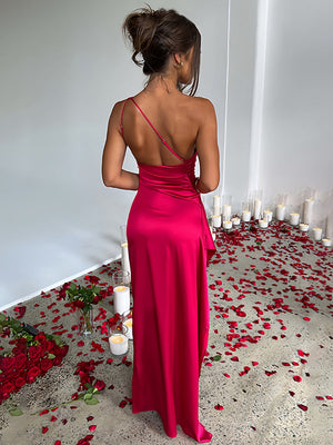 Sloping Shoulders Backless Satin High Fork Maxi Dresses