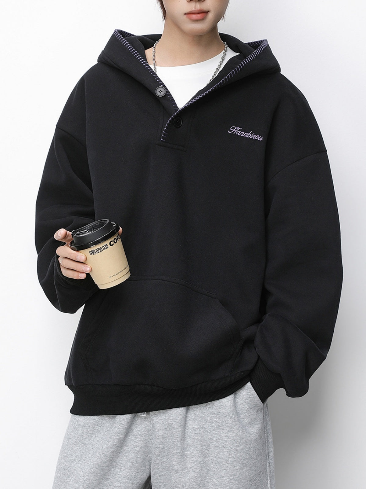 Color-blocked Half-open Collar Hoodie