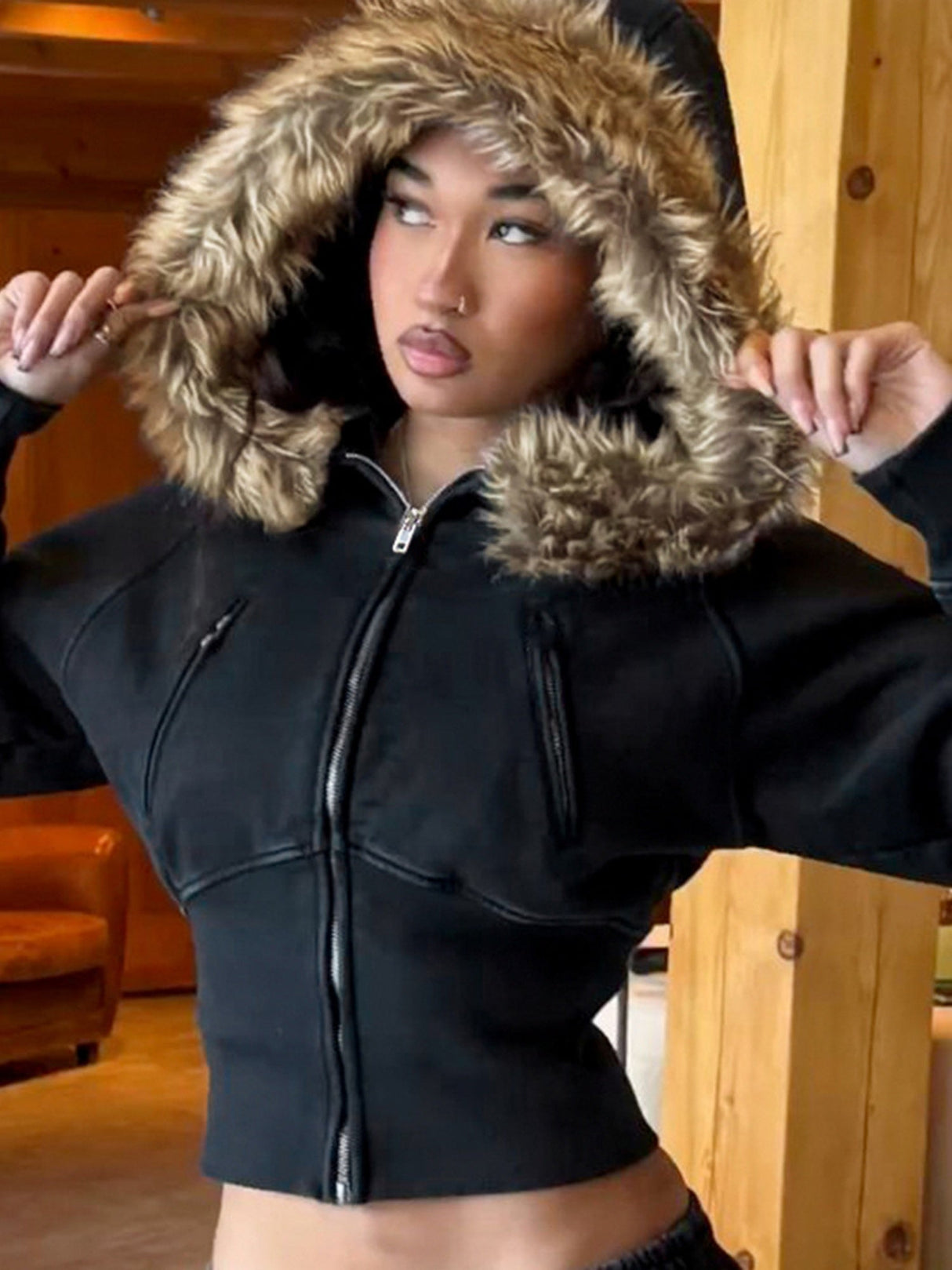 Waist Shaping Plush Patchwork Hoodies Zipper Jackets