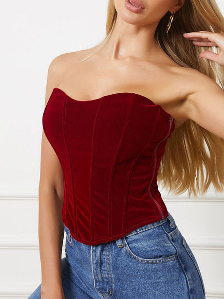 Velvet Waist-cinching And Backless With Breast Pads Fishbone Corset