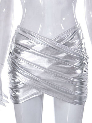 PVC Glossy Patent Leather Cross Pleats Sexy Short Skirt