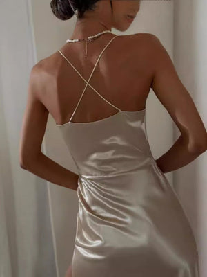 Satin Sexy Backless Halter Top With Slit Maxi Dresses