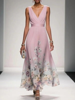 V-neck Sleeveless Floral Print Long Dress