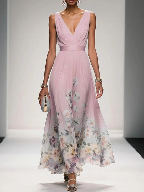 V-neck Sleeveless Floral Print Long Dress