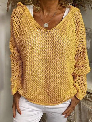 Knitted Outer Layer Sun Protection Knitted Hooded See-through Top