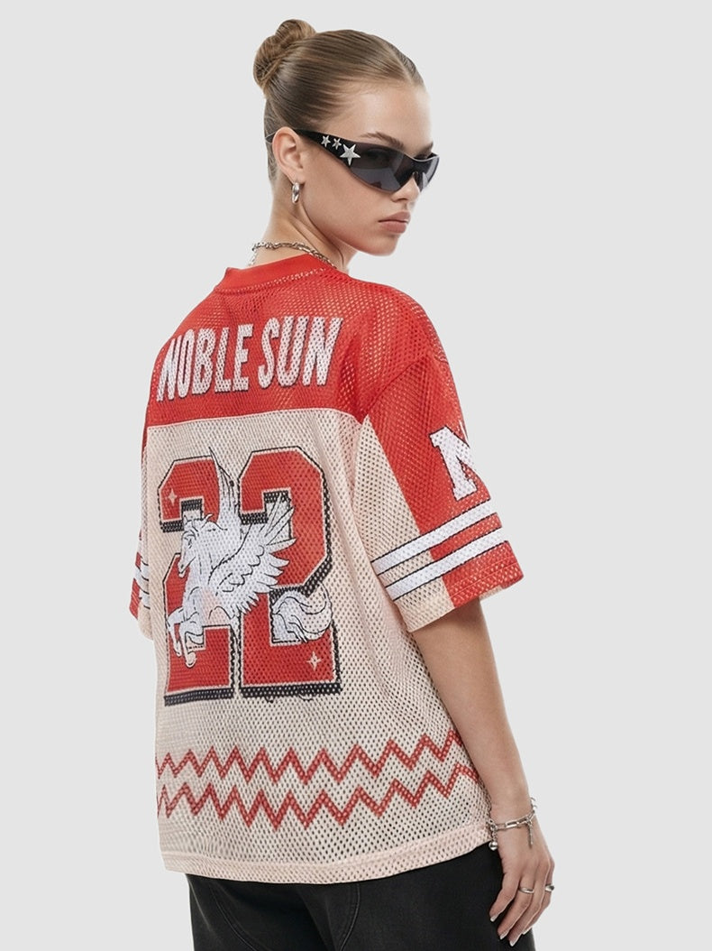 Printed Net Hole Baseball Color-blocked Breathable T-shirts