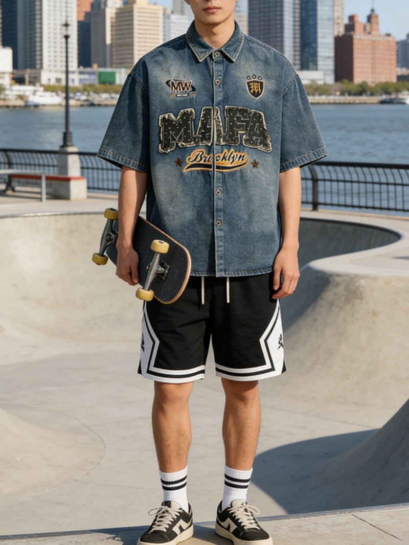 Distressed Edge Grinding Badge Denim Shirts