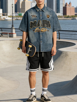 Distressed Edge Grinding Badge Denim Shirts