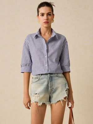 Stripes Lapel Grace Mid-length Sleeves Shirts