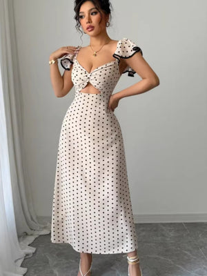 Apricot-colored Fitted Waist V-neck Off-shoulder Polka Dot Flutter Sleeve Long Dress