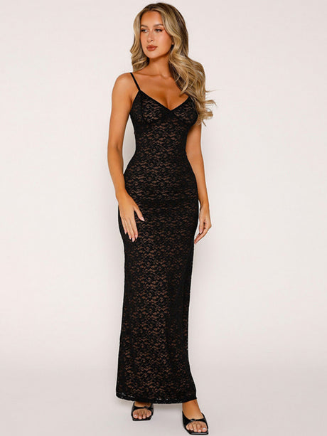 Lace See-through V-neck Camisole Waist-cinching And Hip-hugging Maxi Dresses