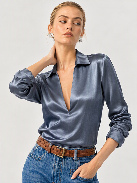 Satin Deep V-neck Long Sleeves Blouse